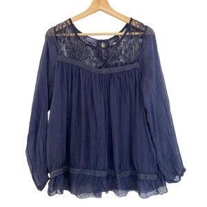 Giulia Made in Italy Boho Flowy Silk Top S Relaxed Blue Lace  Relaxed Fit Boho
